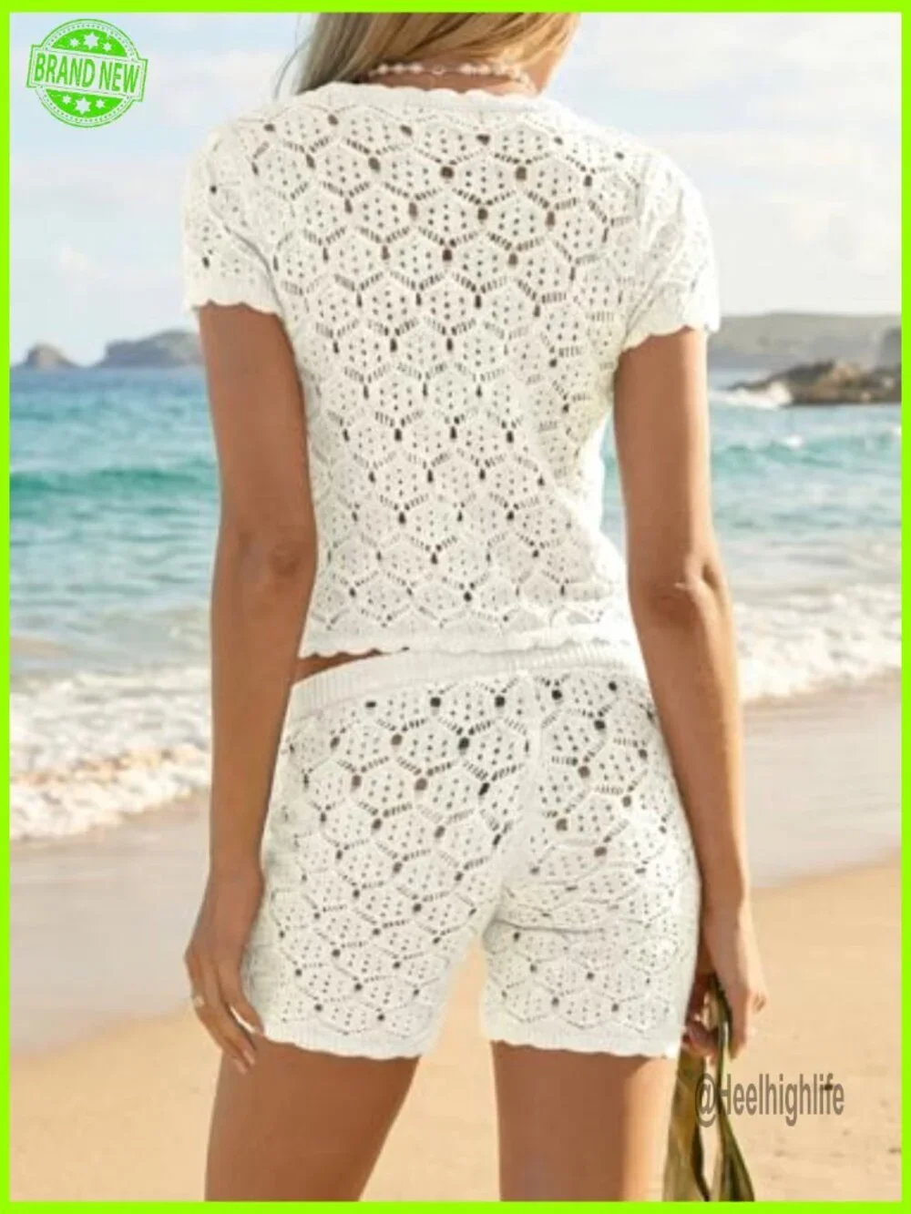 Crochet Cover Up Set 2 Piece Beach Shorts Crop Top Summer Swimsuit